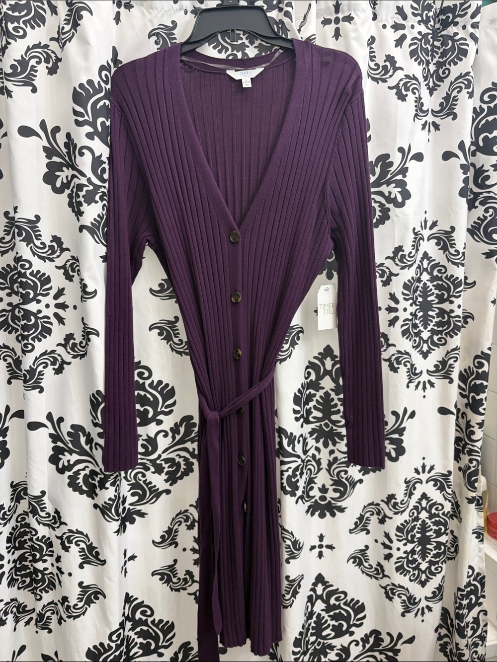 Time and Tru Long Ribbed Button-Front Cardigan Dress in Deep Purple